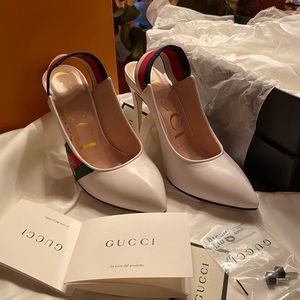 Authentic Gucci White Sylvie Elastic Heels
Size 4